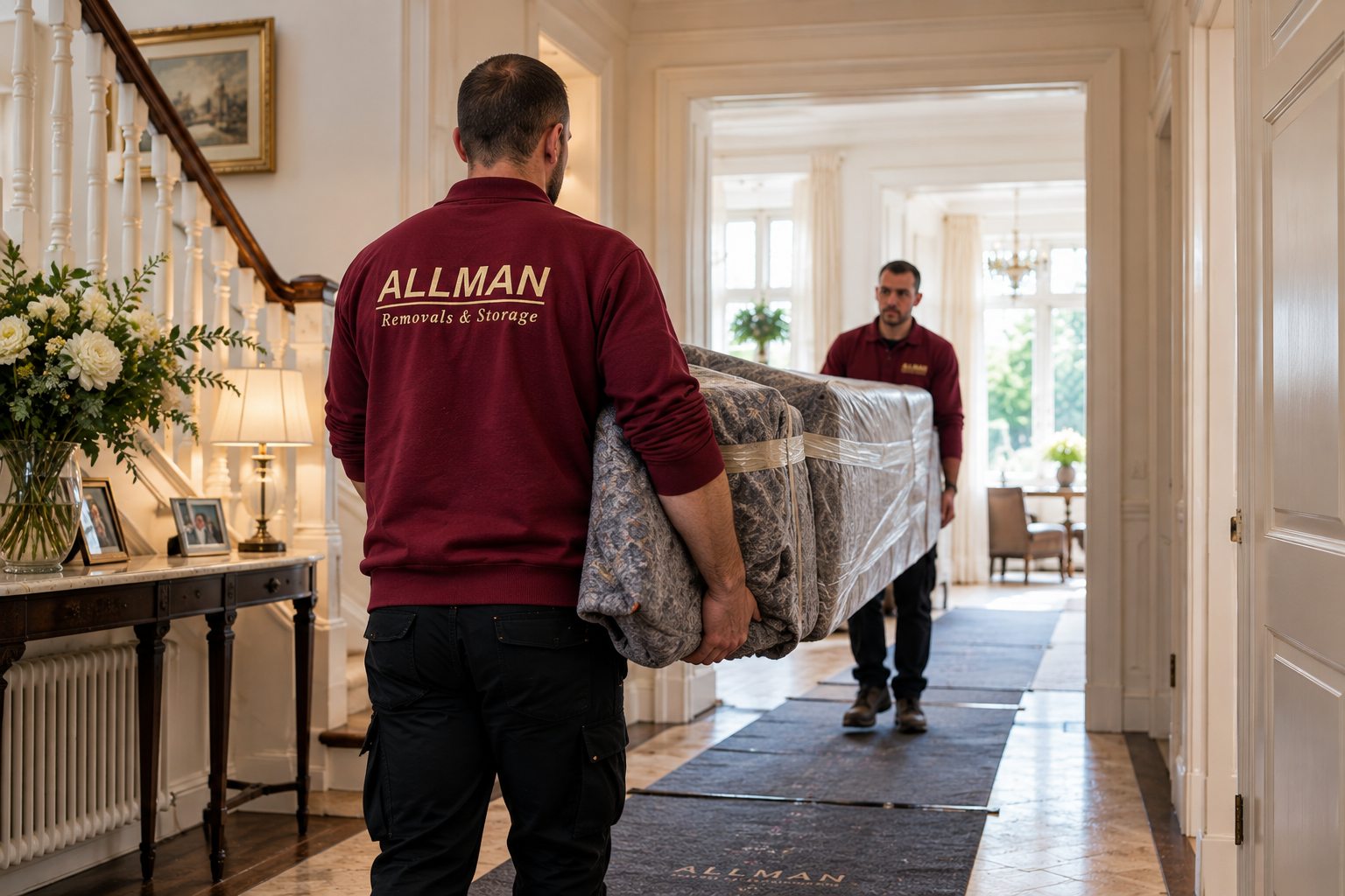 Allman team carrying a protected item along floor runners through a family hallway