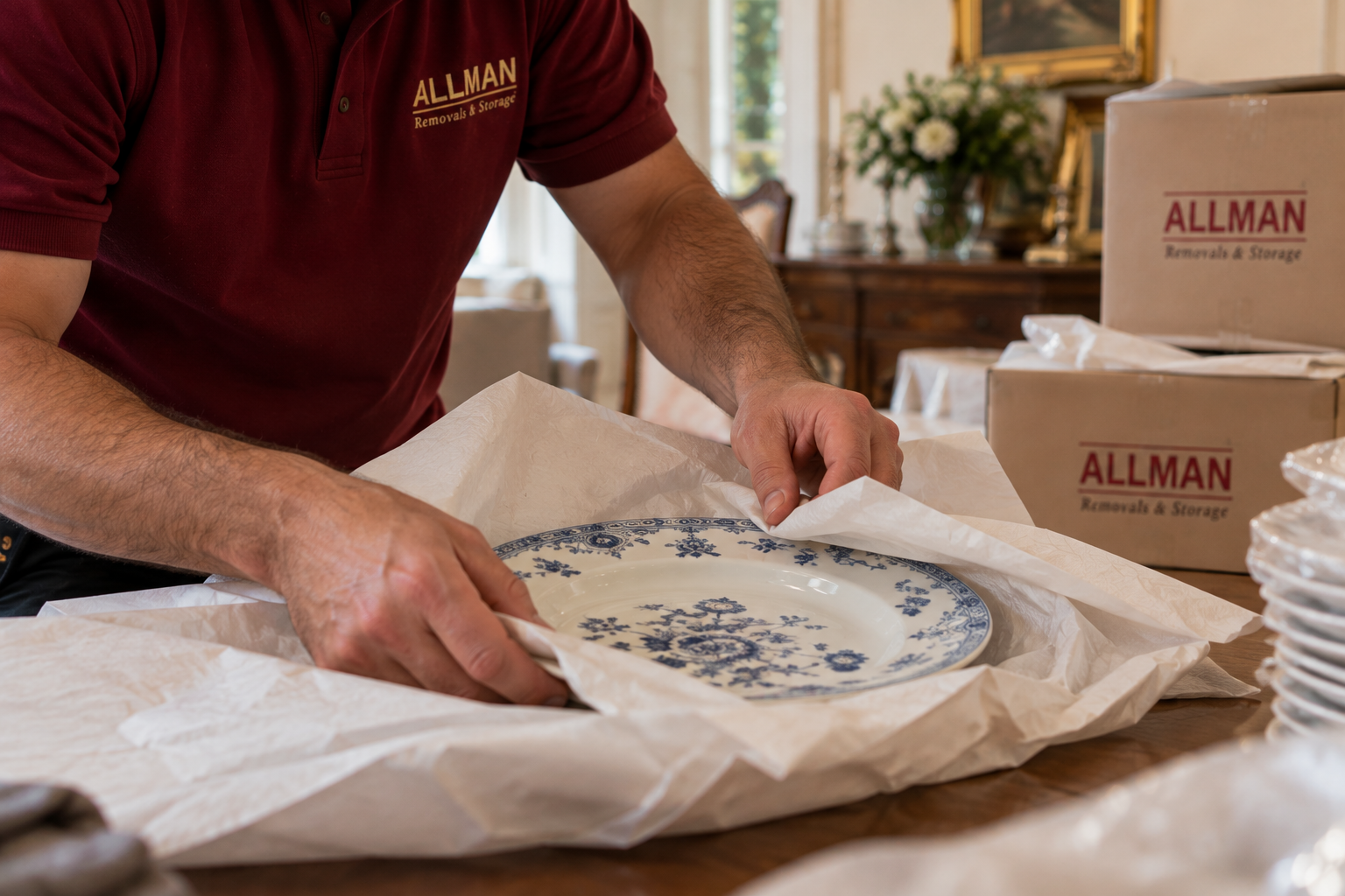 Allman packer wrapping a blue and white china plate in tissue paper