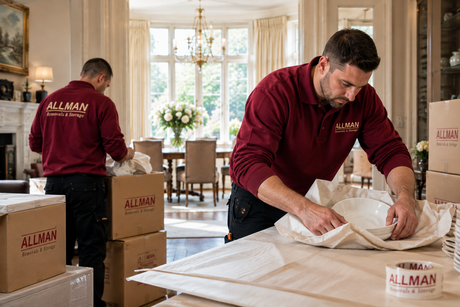 Allman team wrapping china in packing paper in a dining room